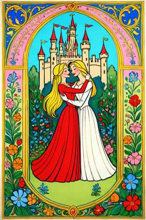 A beautiful classical Disney hand-drawn painting showcasing the interior of a large medieval castle garden in which two beautiful women are seen embracing each other in love and affection, lush floral decorations, colourful and vibrant design, Sleeping Beauty 1959 art design, in the style of classic Disney animation, hand drawn art, close-up image, 4K UHD,rivghn style
