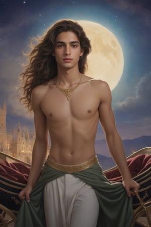 A painting of a beautiful young androgynous Arab male with long lustrous and silky wavy brown hair and a rounded delicate face, light olive skin, shirtless, petite and skinny body with wide hips and a small narrow waist, a delicate feminine torso with defined breasts, riding inside a royal carriage, through a majestic kingdom and a vibrant night sky visible through the carriage's window, 4K UHD