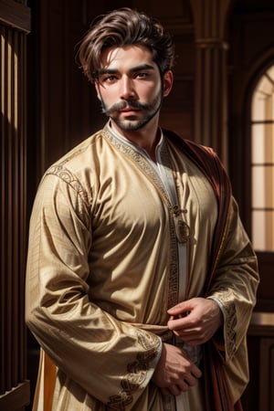 OneBoy, light_brown_eyes, Perfect Jawline, lightbrown_hair, light beard, imperial mustache, muscular_body, wearing Afghanistan traditional dress, rolex watch, Ultra realism, extremely detailed face, ultra Hd, posing for photography, Professional