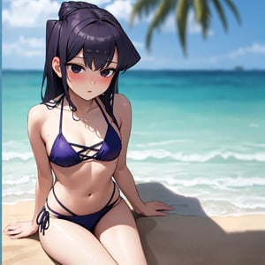 masterpiece, best quality, higres,  beach, water, 1girl, solo,  small breasts, blush, sitting, cross-laced bikini,cross-laced bikini,komishouko,blurry_light_background