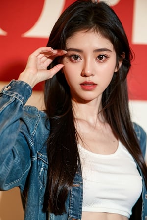 8k quality, 1 girl, solo, long hair, looking at the audience, brown hair, shirt, black hair, long sleeves, brown eyes, upper body, belly, lips, exposed navel, realistic, jujingyi