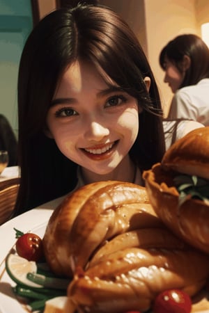 (masterpiece), (masterpiece:1.2, best quality), (real picture, intricate details), raytracing, detailed face, extremely detailed CG unity 8k wallpaper, 3 beautiful asian girls, brown hair, dynamic angle, smile , golden eye  , foods , big roast chicken , drool , champagne ,thanksgiving dinner 