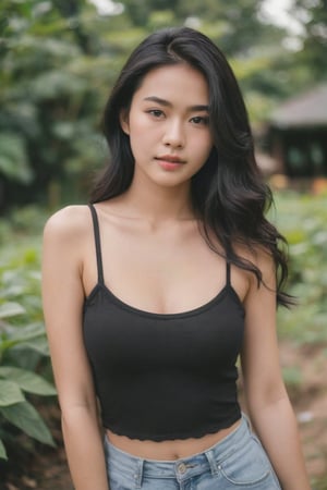 portrait of a sexy thai  MagMix girl ,23 year old,big breast,  half tank top,in field garden,from side,long wavy hair,(looking at viewer),black hair,analog film photo,