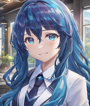 torino aqua style, ((masterpiece)), (best quality), official art, extremely detailed CG, unity 8k wallpaper, ultra detailed, colorful, 1girl, cute, solo, long hair, blue hair, smile, medium breasts, business uniform,