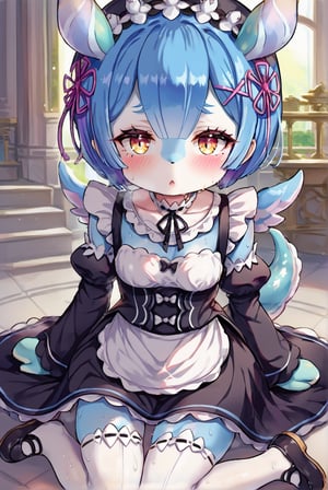 score_9, score_8_up, score_7_up, source_anime, 1girl, rem re zero, melusine, stubby tail, straight ears, wings. blue skin, medium chest, makeup, sweat, bob cut, blue hair, oversized clothes, maid clothes, choker, looking at viewer, blush, mansion interiors, black shoes, thighhighs, volumetric lighting, dramatic shadows, close-up,