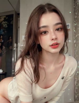 wearing sweater, 1girl, long_hair, solo, breasts, looking_at_viewer, lips, realistic, upper_body, brown_eyes, cute, pale skin, realistic skin, extremely detailed face, extemely detailed eyes, v-shaped slim face, kpop makeup, BREAK, supermodel, small breasts, toned butt, thigh gap, photo of the most beautiful artwork in the world, professional majestic (photography by Steve McCurry), 8k uhd, dslr, soft lighting, high quality, (film_grain:1.2), (bokeh, blurry foreground, blurry background), Fujifilm XT3 sharp focus, f 5.6, High Detail, Sharp focus, dramatic, (seductive_smile:0.7), (looking at viewer:1.2), (detailed pupils:1.3), (natural light), (((medium-long shot:1.3))),