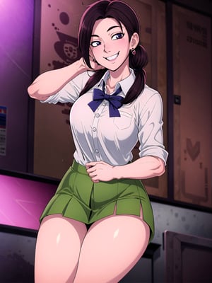 shadbase, ((masterpiece)), (best quality), official art, extremely detailed CG, unity 8k wallpaper, ultra detailed, colorful, yariko, 1girl, solo, long hair, smile, large breasts, twintails, jewelry, school uniform, earrings