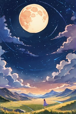 score_9_up, score_8_up, score_7_up, source_anime, illustration, watercolor, outdoors, no people, sky, meadow, ((midnight)), starry sky, many stars, moon, detailed_background