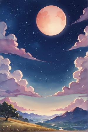 score_9_up, score_8_up, score_7_up, source_anime, illustration, watercolor, outdoors, (no people), sky, meadow, ((night)), starry sky, many stars, moon, detailed_background