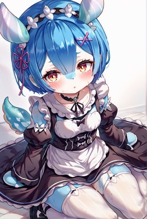 score_9, score_8_up, score_7_up, source_anime, 1girl, rem re zero, melusine, stubby tail, straight ears, wings. blue skin, covered ears, medium chest, makeup, sweat, bob cut, blue hair, oversized clothes, maid clothes, choker, looking at viewer, blush, mansion interiors, black shoes, thighhighs, volumetric lighting, dramatic shadows, close-up,