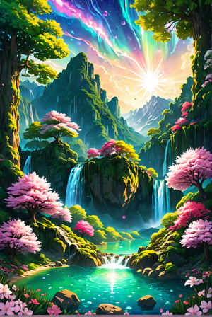 An overwhelmingly beautiful magical landscape unfolds in this vector art image, ((sakura trees)), (petals falling), Rolling hills of emerald green cascade down towards a crystal-clear lake, its surface dotted with vibrant flowers and cascading waterfalls. In the distance lies an enchanting valley filled not with water but with luminous orbs that emit a soft, ethereal glow. A serene lake nestled at the, High quality photography, 3 point lighting, flash with softbox, 4k, Canon EOS R3, hdr, smooth, sharp focus, high resolution, award winning photo, 80mm, f2.8, bokeh