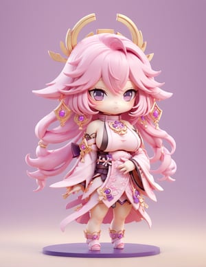 yae miko, solo, chibi, full body, looking at viewer, hair ornament, pink hair, long hair, japanese clothes, sideboob, detached sleeves, wide sleeves, jewelry, bare shoulders, violet eyes, yellow background