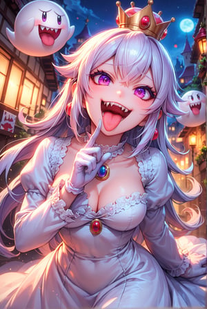 score_9, score_8_up, score_7_up, source_anime, 1girl, beautiful detailed eyes, ((masterpiece,best quality)), absurdres, solo, Boosette, fang, sharp teeth, sticking out her tongue, public indecency, degenerate face, lewd face, (crown:1.1), long hair, white hair, purple eyes, white dress, long sleeves, white gloves, smile, curvy, head tilt, night, boo_(mario),  dynamic action, dynamic angle, dynamic shot
