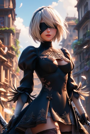 score_9, score_8_up, score_7_up, 1girl, source_anime,2b, NieR:Automata, black blindfold, white hair, short hair, black hairband, mole under mouth, turtleneck, turtleneck dress, black dress, cleavage cutout, feather-trimmed sleeves, juliet sleeves, long sleeves, black gloves, medium breasts, black thighhighs, thigh boots, katana, ((beautiful bright colors)), beautiful detailed lighting, intricate, beautiful detailed glow, detailed, Cinematic light, intricate detail
