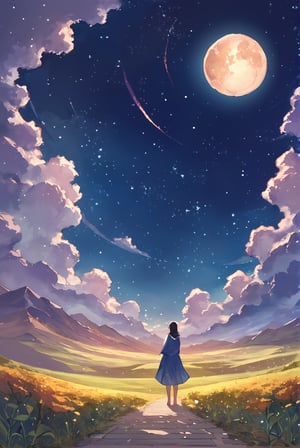 score_9_up, score_8_up, score_7_up, source_anime, illustration, watercolor, outdoors, no people, sky, meadow, ((midnight)), starry sky, many stars, moon, detailed_background