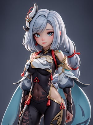 masterpiece, best quality, highres, pvc, render, chibi,masterpiece, best quality, ,1girl,shenhe \(genshin impact\), grey hair,long hair,hair ornament, blue eyes,braided ponytail,puffy sleeves,gold trim,gloves,bodysuit, medium breasts, breast curtain, shoulder cutout,covered navel,hip vent,clothing cutout, tassel, mountain background