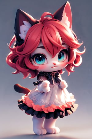 (Masterpiece, best quality:1.3), 3d, render, pvc, highly detailed, fantasy, (centered:1.3), 8k, dynamic, full body, 1girl, anthro, furry, solo, baby face, cute, smile, (detailed eyes, detailed face), ((red hair)), layered dress, lace, frills, (((simple background))), (details), perfect, beautiful, dreamy, colorful, vivid, cinematic, ultra-detailed, perfect hands, (depth of field), (light blush), various colors, pastel colors, (gradients), bloom:0.2, shadow, sharp focus, cat,3D,chibi