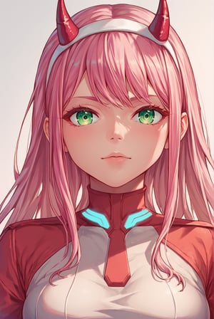 score_9_up, score_8_up, score_7_up, source_anime,  zero two, green eyes, hairband, horns, long hair, pink hair, red horns, white hairband, detailed eyes,