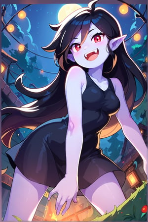 score_9, score_8_up, score_7_up, source_anime, 1girl, marceline_abadeer, adventure_time, 1girl, black_hair, red_eyes, fangs, smile, black dress, drop of blood, pumpking, night, high lights, light aura, outdoors, cinematic lighting, dynamic action, dynamic angle, dynamic shot