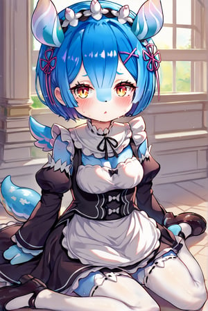 score_9, score_8_up, score_7_up, source_anime, 1girl, rem re zero, melusine, stubby tail, straight ears, wings. blue skin, medium chest, makeup, sweat, bob cut, blue hair, oversized clothes, maid clothes, choker, looking at viewer, blush, mansion interiors, black shoes, thighhighs, volumetric lighting, dramatic shadows, close-up,