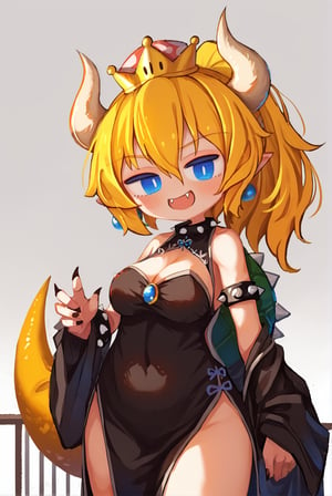 score_9_up, score_8_up, score_7_up, source_anime, 1girl, bowsette, (blonde hair:1.1), (white horns:1.2), (pointy ears:1.1), (blue eyes:1.2), (hair between eyes:1.1), (ponytail:1.1), spiked shell, tail, nail polish, fang, sharp teeth, (crown:1.2), (spiked armlet:1.1), earrings, cleavage, smile, vn, chinese clothes, hair ornament, jewelry, floating hair, shoulder armor, cowboy shot, (detailed:1.05), (extremely detailed:1.06), sharp focus, (intricate:1.03), (extremely intricate:1.04), [beautiful face:0.9], [perfect eyes:0.8], [detailed skin:0.8], [detailed face:0.8], [detailed eyes:0.8], [detailed hair:0.8], [detailed lips:0.8], low contrast, soft cinematic light