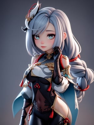 masterpiece, best quality, highres, pvc, render, chibi,masterpiece, best quality, ,1girl,shenhe \(genshin impact\), grey hair,long hair,hair ornament, blue eyes,braided ponytail,puffy sleeves,gold trim,gloves,bodysuit, medium breasts,breast curtain, shoulder cutout,covered navel,hip vent,clothing cutout, tassel, mountain background
