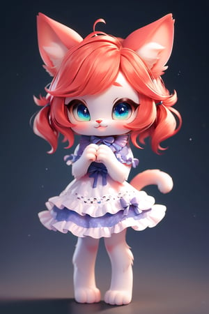 (Masterpiece, best quality:1.3), 3d, render, pvc, highly detailed, fantasy, (centered:1.3), 8k, dynamic, full body, 1girl, anthro, furry, solo, baby face, cute, smile, (detailed eyes, detailed face), ((red hair)), layered dress, lace, frills, (((simple background))), (details), perfect, beautiful, dreamy, colorful, vivid, cinematic, ultra-detailed, perfect hands, (depth of field), (light blush), various colors, pastel colors, (gradients), bloom:0.2, shadow, sharp focus, cat,3D,chibi