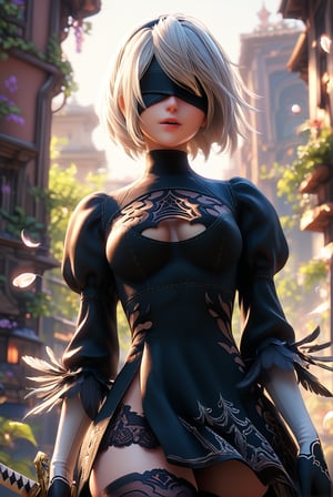score_9, score_8_up, score_7_up, 1girl, source_anime,2b, NieR:Automata, black blindfold, white hair, short hair, black hairband, mole under mouth, turtleneck, turtleneck dress, black dress, cleavage cutout, feather-trimmed sleeves, juliet sleeves, long sleeves, black gloves, medium breasts, black thighhighs, thigh boots, katana, ((beautiful bright colors)), beautiful detailed lighting, intricate, beautiful detailed glow, detailed, Cinematic light, intricate detail
