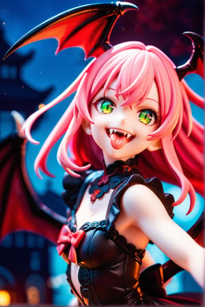 score_9, score_8_up, score_7_up, source_anime, 1girl, vampire girl, red bat wings, green eyes, pink hair, fangs, smile, showing tongue, black dress, pumpking, night, high lights, light aura, a very delicate and beautiful, (at the center:1.2), (solo:1.3), outdoors, cinematic lighting, dynamic action, dynamic angle, dynamic shot