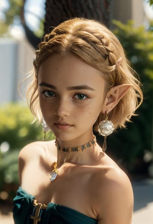 masterpiece, best quality, 1girl, freckles, short hair, (blonde hair), (elf ears), (medium breasts),  jewelry, earrings, pointy ears, bare shoulders, green eyes, strapless, bracelet, dress, strapless dress, circlet, collarbone, kbxll, photo of the most beautiful artwork in the world, professional majestic (photography by Steve McCurry), 8k uhd, dslr, soft lighting, high quality, (film_grain:1.2), (bokeh, blurry foreground, blurry background), Fujifilm XT3 sharp focus, f 5.6, High Detail, Sharp focus, dramatic, (seductive_smile:0.7), (looking at viewer:1.2), (detailed pupils:1.3), (natural light), (((medium-long shot:1.3)))