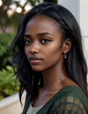 RAW uhd closeup portrait photo, casual clothes, (detailed skin), dark skin, ethiopian, (green eyes), intricate details, shallow depth of field, black hair, long hair, Shoulder-Skimming Balayage Lob hairstyle, she is teasing the viewer, cinematic lighting, happy, (beautiful detailed glow)
