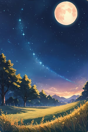 score_9_up, score_8_up, score_7_up, source_anime, illustration, watercolor, outdoors, no people, sky, meadow, ((night)), starry sky, many stars, moon, detailed_background