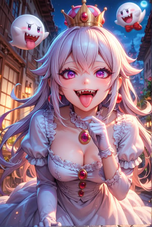 score_9, score_8_up, score_7_up, source_anime, 1girl, beautiful detailed eyes, ((masterpiece,best quality)), absurdres, solo, Boosette, fang, sharp teeth, sticking out her tongue, public indecency, degenerate face, lewd face, (crown:1.1), long hair, white hair, purple eyes, white dress, long sleeves, white gloves, smile, curvy, head tilt, night, boo_(mario),  dynamic action, dynamic angle, dynamic shot
