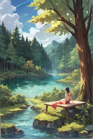 score_9, score_8_up, score_7_up, source_anime, illustration, watercolor, outdoors, inside a forest cloud, sky, water, rainbow, day, detailed_background,
