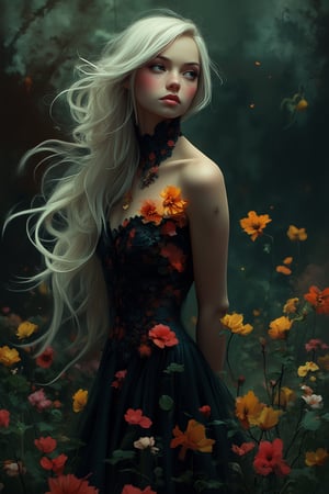 (masterpiece, best quality, ultra-detailed:1.3), 1girl, arms behind head, (smile:0.5), woman in black dress made of flower petals, garden background, dimly lit, long blonde hair, mid parted hair, pinkish skin tone, Breathtaking Fantasy Core Artwork, Intricate Photography.