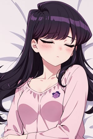 ShoukoKomi, Shouko Komi, (8k, high definition),  loose hair, long eyelashes, loose hair, long hair, long sideburns, purple eyeliner, perfect eyes, embarrassed, blushing, high definition, highly detailed eyes , very detailed, bedroom, pijama, lying on bed, closed eyes, 