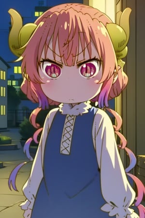 1 little girl, 2 horns, Kanna, Pouting, angry, look at viewer, night light, cartoon style, best quality, masterpiece, , (masterpiece,best quality:1.5)