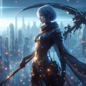 3d blender, 3d graphics unreal 5, realistic,minimalism,woman, knight darksoul ,long scythe stable diffusion,cyberpunk, raw photo, army, cityskyline, lighting, intricately detailed,Electric spark, Flying embers, fireflies, cinematic, water effect, white blue oragen red, cinematic, fantastic background, ghost blade art style,fantastic,digital art,high detail,high detail skin,real skin,8k, high resolution, high quality, (-Negative: blur)