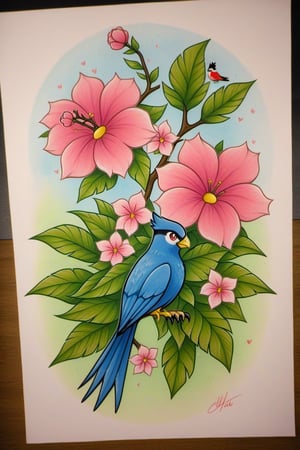 flower, signature, pokemon \(creature\), no humans, bird, traditional media, plant, pink flower, branch, animal focus