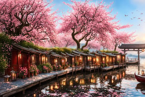 landscape, wooden boats, lanterns, gates, peach blossom,rim lighting,  hyper-realistic,  super detailed, super realistic, super fine detail depiction, high resolution, abstract beauty, stand, approaching perfection, pure form,  intricate details, 8k post production, high resolution, hyperdetailed, trending on artstation, sharp focus, intricate details, highly detailed
