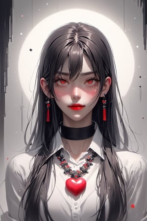 1girl, solo, long hair, looking at viewer, bangs, brown hair, shirt, black hair, hair ornament, red eyes, jewelry, white shirt, upper body, short sleeves, sidelocks, parted lips, detached sleeves, wings, blunt bangs, necklace, hair bun, vest, lips, book, bell, double bun, makeup, lipstick, tassel, light particles, beads, black vest, red lips, bead necklace, book stack