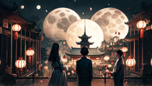 ,intricately detailed,mid-autumn festivals lantern , moon,meteor,flying peach blossoms,12k, red green blue white gray,cinematic,fantastic background,fantastic,digital art,high detail,high detail skin,real skin,8k,highresolution,high quality,-ar 16:9,temple