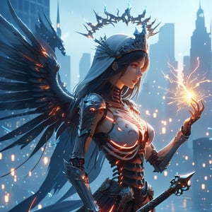 3d blender, realistic,minimalism,woman, darksoul game seri,medieval  Scepter,skeleton knight,  bone wings, stable diffusion,cyberpunk, army, cityskyline, lighting, intricately detailed,Electric spark, Flying embers, fireflies, cinematic, 12k, water effect, white blue oragen red, cinematic, fantastic background, ghost blade art style,fantastic,digital art,high detail,high detail skin,real skin,8k, highresolution, high quality, line code with glowing ancient king characters
