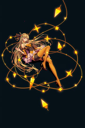 A stylized illustration of a female character with long hair, wearing stockings and high heels while lying on her side amidst golden wires or threads that create an intricate pattern around her." The artwork has a dark background which contrasts sharply against the glowing gold elements in the composition. It's rendered in what appears to be digital art style known for its smooth lines and vibrant colors. There is no text present within this particular frame captured from the original piece by artist Yoshiyasu Umezu (Berserk). This specific scene could suggest themes related to fantasy, elegance, or perhaps