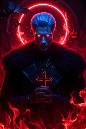 A minimalist, epic dark fantasy scene featuring a King with blue hair and long glowing red flame eyes, surrounded by deep red flames. The image is set against a Halloween theme with a Jack o' lantern, vampire, and bat in the background. The King's face is highly detailed, with cracks and a Christian cross, exuding a sense of mystery and danger. Dramatic lighting from ring lights behind accentuates the dark colors, creating a powerful and dangerous atmosphere. The composition is sharp and high resolution, focusing on the King as the main character.