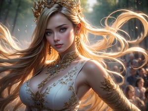 1woman, epic style,sweat on the body,open eyes, Aphrodite goddess ,Greek mythology,lecherous smiling face,king, army, war ,wide,(blood, meditate, fantastic forest background), Many strands ancient characters of softlight enter the body, smock, fog, aurora, looking_at_viewer, rim lighting, vibrant details, hyper-realistic, hand, facial muscles, elegant, super detailed, super realistic, super fine detail depiction, high resolution, abstract beauty, stand, approaching perfection, 