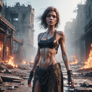 A full body character of a woman in a desolate wasteland background. She is wearing thin clothes with a dramatic camera angle. Her expression is a mix of determination and sadness, with wet skin and more sweat on her body. There are more firebomb, flare effect, and magical sigils or symbols on her skin. The scene has more HDR, without blur, and with more realistic skin. The scene is intrically detailed with 4k resolution, dynamic motion blur, lens flares, distant ruins or destroyed buildings, more dramatic lighting, deeper and more contrasted shadows, a colder color grading. The quality is the same as midjourney.