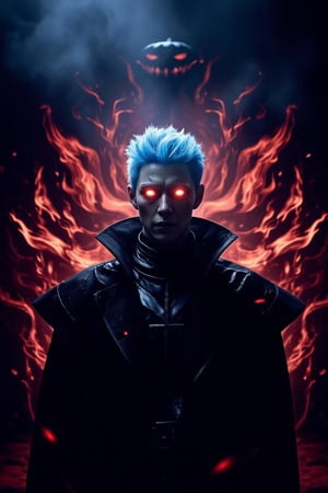 A minimalist, epic dark fantasy scene featuring a King with blue hair and long glowing red flame eyes, surrounded by deep red flames. The image is set against a Halloween theme with a Jack o' lantern, vampire, and bat in the background. The King's face is highly detailed, with cracks and a Christian cross, exuding a sense of mystery and danger. Dramatic lighting from ring lights behind accentuates the dark colors, creating a powerful and dangerous atmosphere. The composition is sharp and high resolution, focusing on the King as the main character.