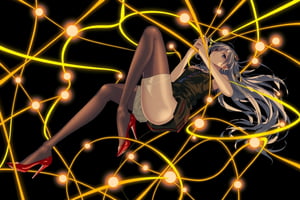 A stylized illustration of a female character with long hair, wearing stockings and high heels while lying on her side amidst golden wires or threads that create an intricate pattern around her." The artwork has a dark background which contrasts sharply against the glowing gold elements in the composition. It's rendered in what appears to be digital art style known for its smooth lines and vibrant colors. There is no text present within this particular frame captured from the original piece by artist Yoshiyasu Umezu (Berserk). This specific scene could suggest themes related to fantasy, elegance, or perhaps