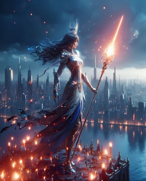 3d blender, realistic,minimalism,woman, darksoul game seri, medieval  Scepter,, knight, stable diffusion,cyberpunk, cityskyline, lighting, intricately detailed,Electric spark, Flying embers, fireflies, cinematic, 12k, water effect, white blue oragen red, cinematic, fantastic background, ghost blade art style,fantastic,digital art,high detail,high detail skin,real skin,8k, highresolution, high quality, line code with glowing ancient king characters